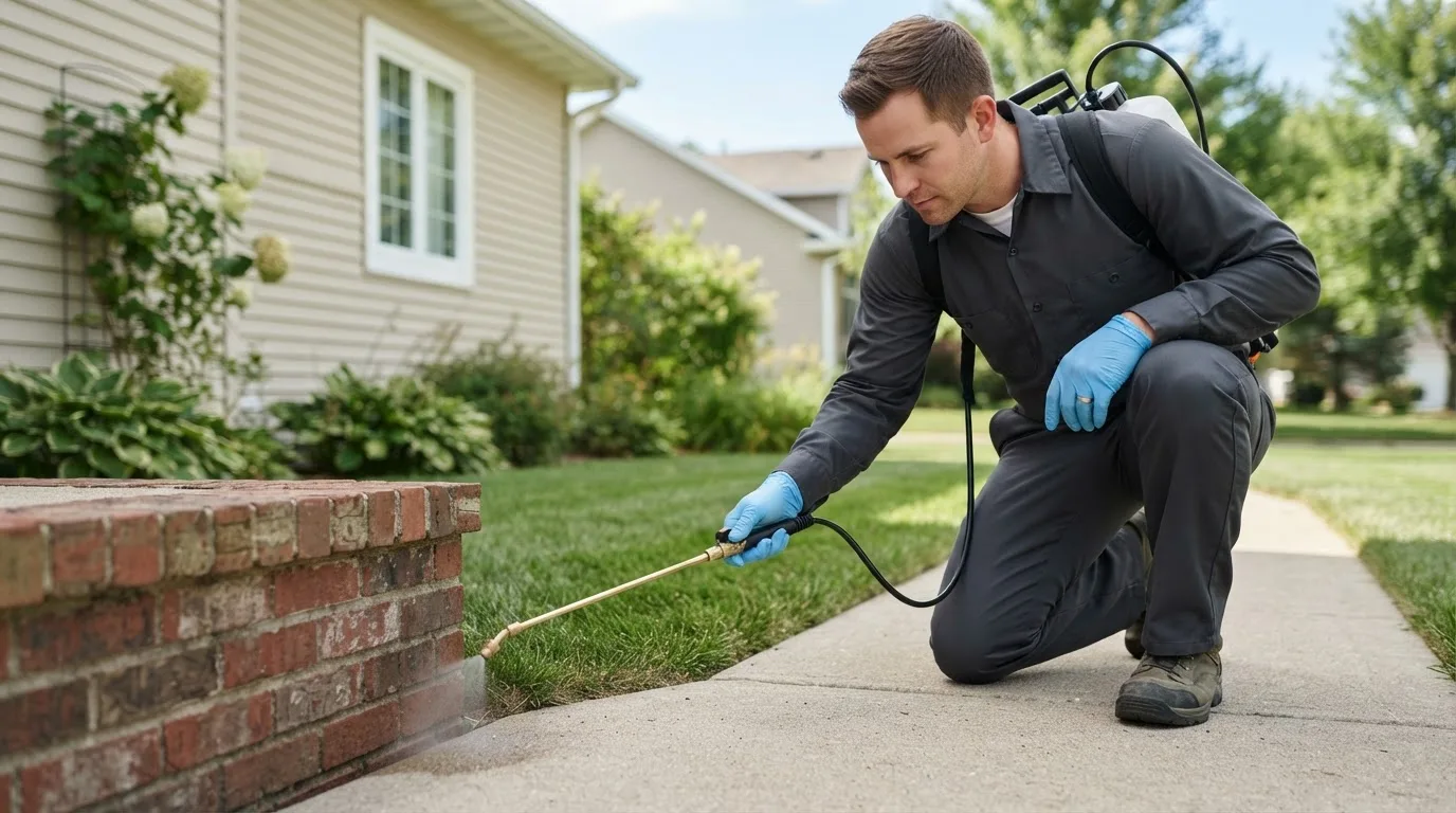 Pest control technician treating a home near Dike, IA