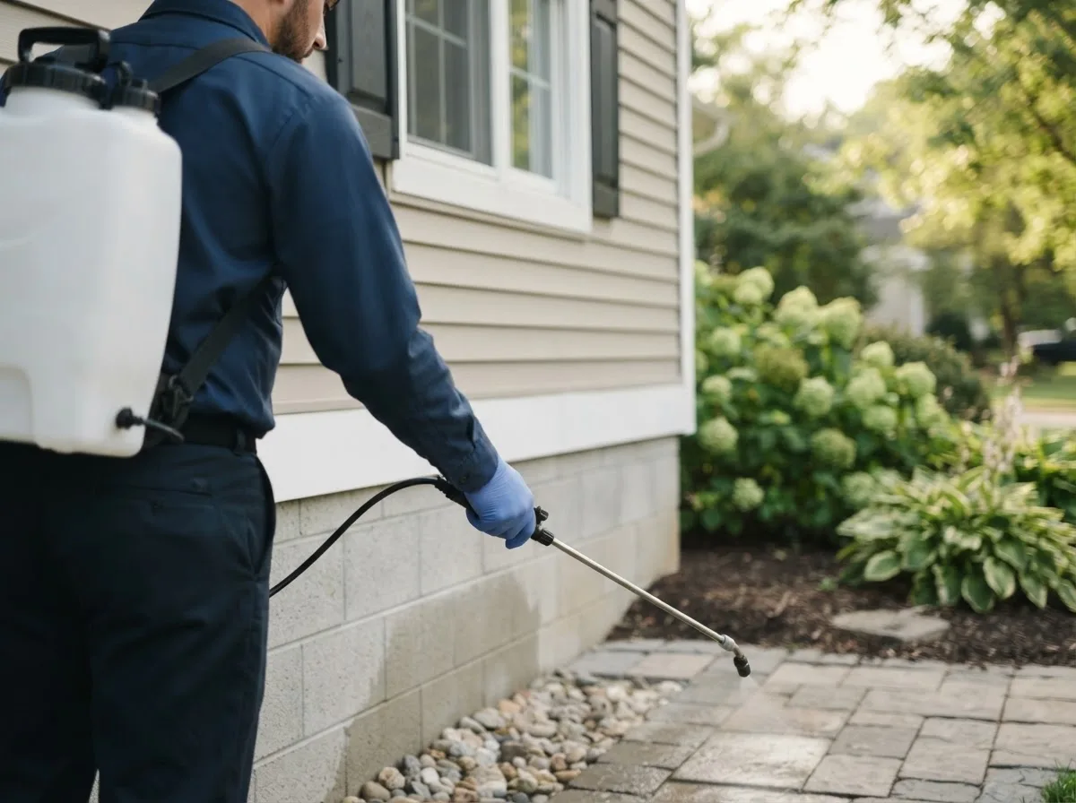 Pest control technician inspecting a home in Dike, IA